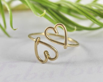 Double Heart Ring - Heart To Heart Love And Friendship Symbol Ring, 14K Gold Filled Wire Ring