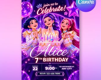 K-Pop Demon Hunters Birthday Invitation, Editable Canva Kpop Party Invite, Purple Neon Pop Star Birthday Template, Digital Download