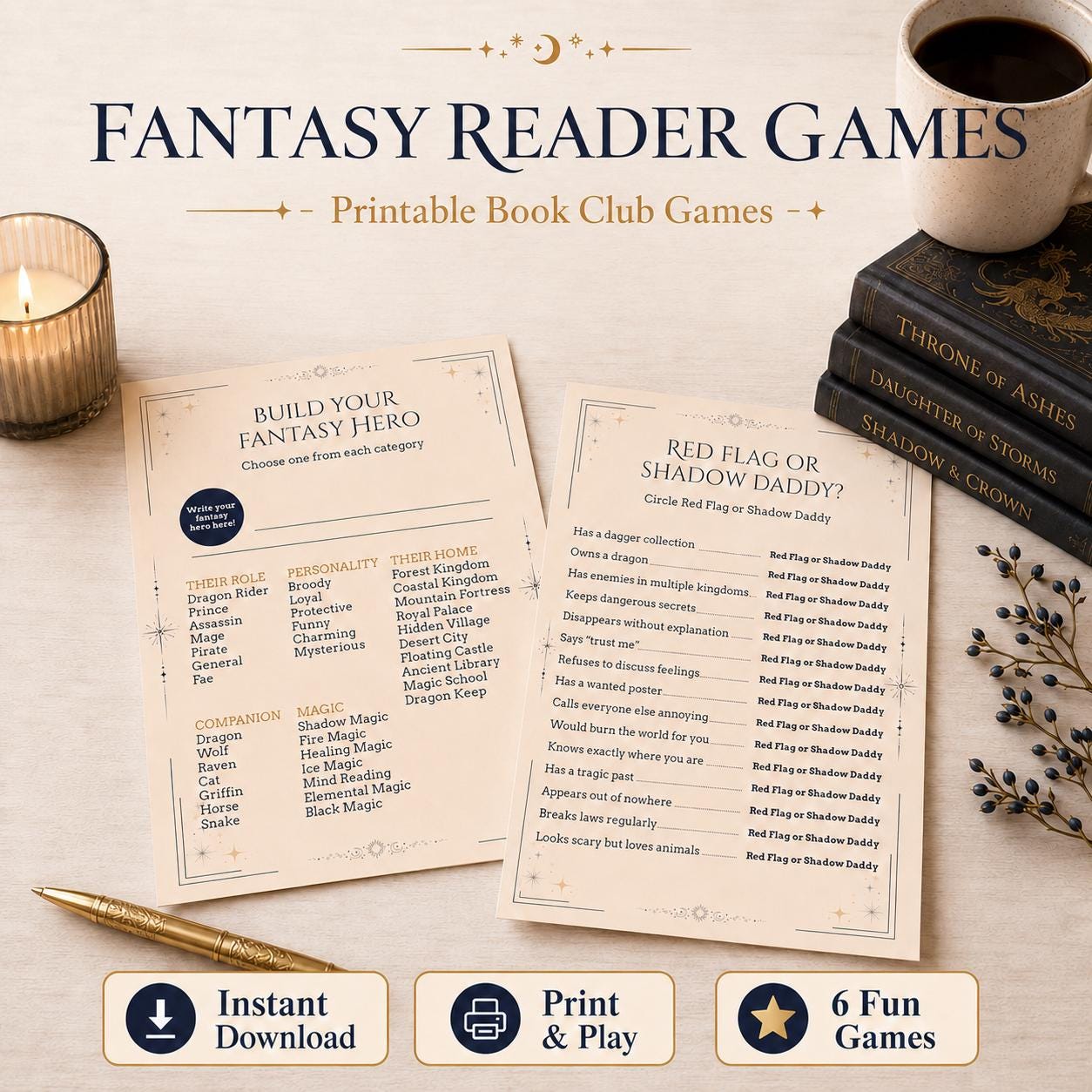 Fantasy Reader Book Games Bundle 6 Printable Party Games (Digital Download)