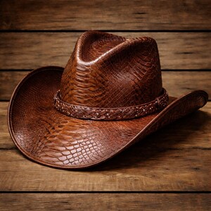 Bruine leren cowboyhoed met slangenreliëf, westernpet in exotische pythonstijl