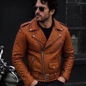 Męska skórzana kurtka motocyklowa Ostrich Quill – luksusowy, oryginalny płaszcz w stylu streetwear