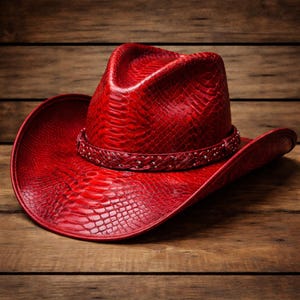 Leren cowboyhoed met rode slangenreliëf, westernpet in exotische pythonstijl