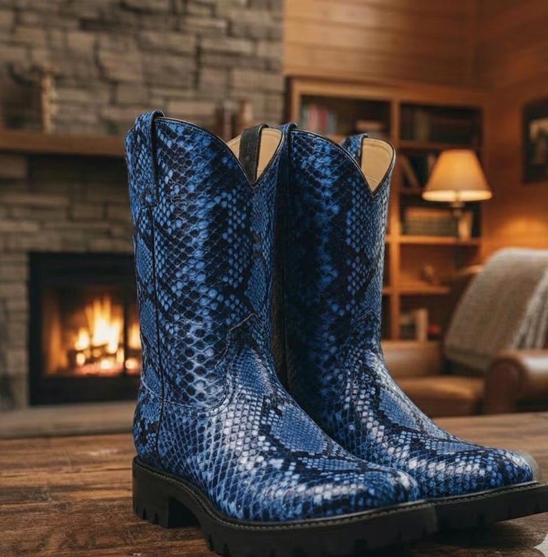 Python Leather Snakeskin Western Cowboy Boots/men's Footware - Etsy