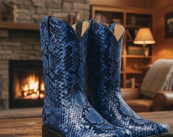 Botas de cowboy estilo western em couro de píton e pele de cobra / Calçado masculino