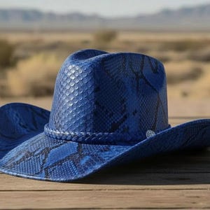 May include: A blue cowboy hat with a snakeskin pattern. The hat features a braided band and a small decorative element. The hat is made of a textured material and sits on a wooden surface.