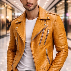Men’s Mustard Crocodile Embossed Leather Jacket – Slim Fit Moto Biker Jacket