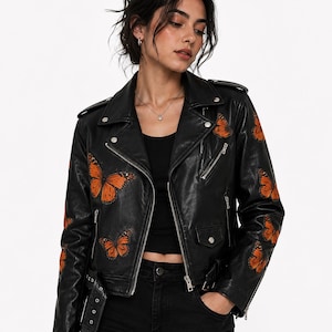 Handmade Woman Black Leather Jacket – Hand-Painted Orange  Butterfly Design front nd backside Stylish.