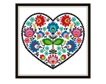 Folk Art Cross Stitch Pattern - Scandinavian Cross Stitch Pdf - Floral Cross Stitch Pattern - Heart Cross Stitch Pattern