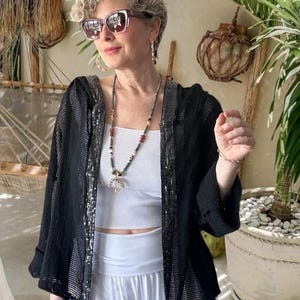 Italian Cotton Hooded Mesh Cardigan, Sequin Trim Open Weave Jacket, Boho Beach Cover Up, Lightweight Summer Kimono, Made in Italy for Women