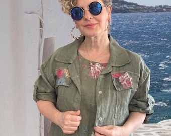 Ensemble robe et veste en lin fabriqué en Italie pour femme, ensemble fleuri lagenlook surdimensionné en deux pièces, tenue bohème pour les vacances d'été dans un complexe