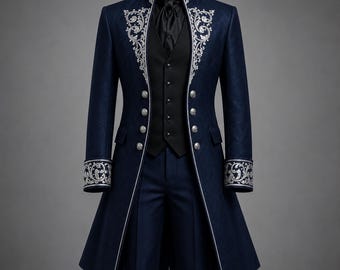 Men’s Renaissance Tailcoat Blue Gothic Prince Coat Silver Embroidery Vampire Steampunk Wedding Tuxedo Victorian Prom Cosplay Coat Costume