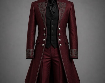 May include: A burgundy formal suit comprising a long coat, waistcoat, and trousers. The coat has detailed embroidery on the collar and cuffs, with silver buttons. A black tie and waistcoat complete the outfit, creating a sophisticated, vintage aesthetic.