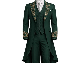 Men's Emerald Green Victorian Gothic Embroidered Tailcoat Suit– Wedding Groom Formal Wear Long Dress– Festival Vampire Costume Trench Coat