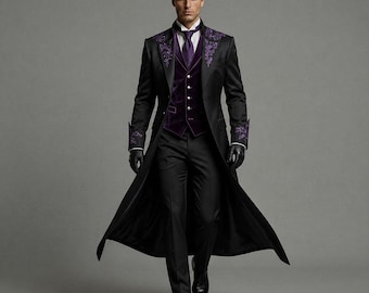 Men’s Gothic Purple Embroidered Tailcoat – Victorian Vampire Jacket, Steampunk Festival Coat, Aristocrat Wedding Costume Cotton Long Coat