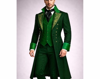 Men's Green Victorian Gothic Embroidered Tailcoat – Steampunk Wedding Coat Long Dress– Festival Vampire Costume Aristocratic Trench Coat