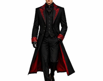 May include: A black formal suit with a long coat featuring red embroidered accents on the collar and cuffs. The coat has a red lining. The suit includes a vest, dress pants, and a black tie.