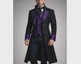Men's Victorian Gothic Purple Embroidered Tailcoat – Steampunk Wedding Coat Prince Jacket – Festival Gothic Vampire Costume Cotton Long Coat