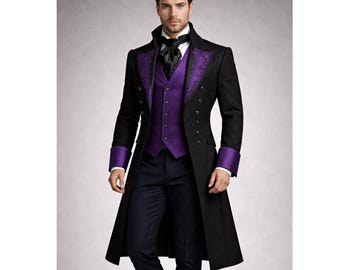 Men's Victorian Gothic Purple Embroidered Tailcoat – Steampunk Wedding Coat Prince Jacket – Festival Gothic Vampire Costume Cotton Long Coat