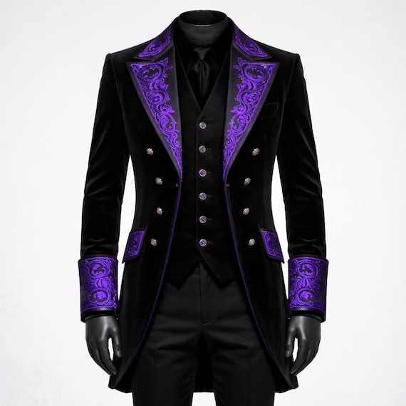 Men’s Gothic Black Velvet Tailcoat with Purple Embroidery – Victorian Wedding Prince Coat, Steampunk Formal Jacket, Gothic Groom Outfit
