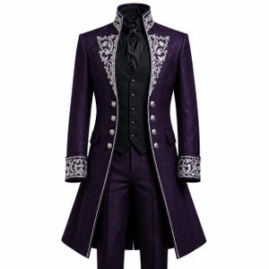 May include: A deep purple long coat featuring a high collar and silver floral embroidery along the lapels and cuffs. The coat is paired with a black vest, a black cravat, and matching purple trousers, all accented with silver buttons.