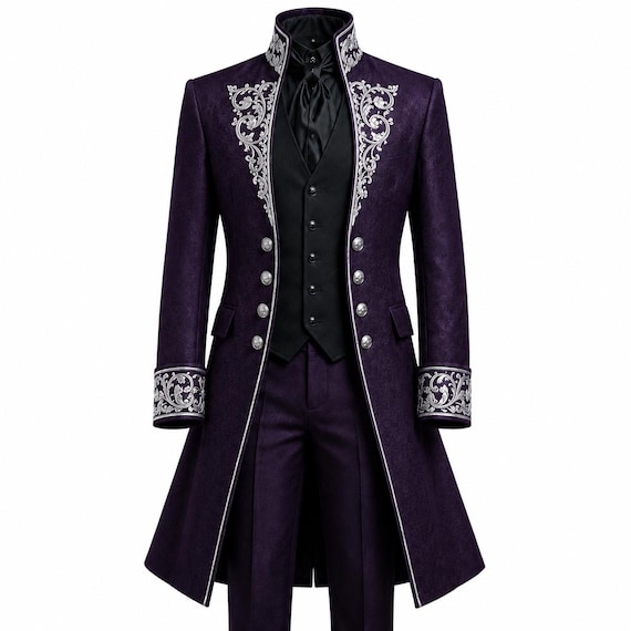 Men's Purple Gothic Prince Coat, Victorian Tailcoat, Silver Embroidered Royal Wedding Jacket, Steampunk Renaissance Formal Artiscot Attire
