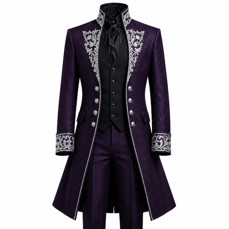 May include: A deep purple long coat featuring a high collar and silver floral embroidery along the lapels and cuffs. The coat is paired with a black vest, a black cravat, and matching purple trousers, all accented with silver buttons.
