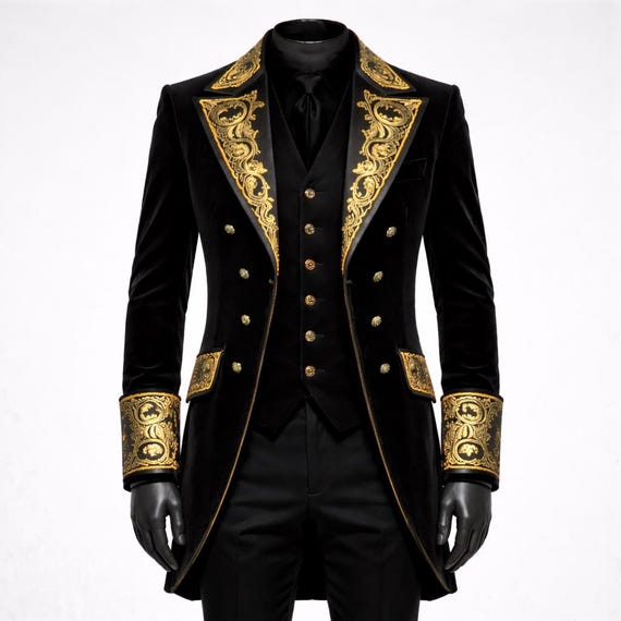 Gothic Wedding Coat Mens Black Velvet | Gold Embroidered Tailcoat | Victorian Groom Outfit | Prom Formal Jacket | Steampunk British Costume