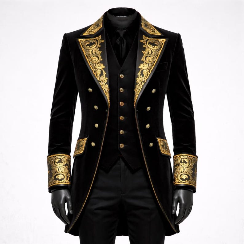 May include: Black velvet formal suit with gold embroidered accents. The suit includes a long coat, vest, and trousers. The coat features ornate gold embroidery on the lapels, cuffs, and pockets, with gold buttons. The suit is a classic formal wear.