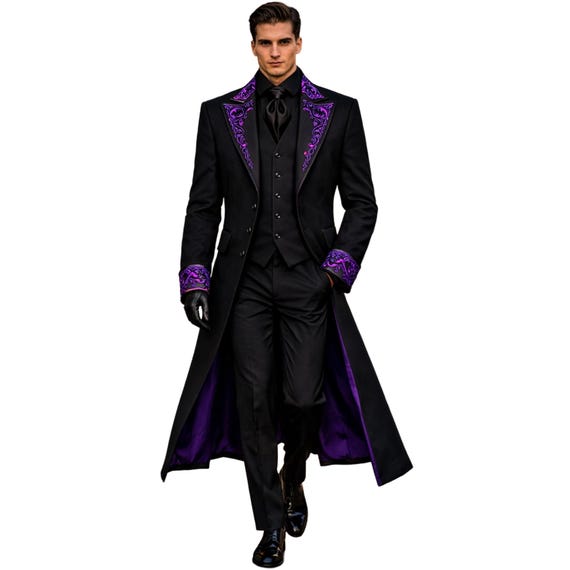 Men’s Black Gothic Tailcoat Suit, Victorian Formal Tuxedo, Steampunk Wedding Outfit, Vintage Groom Coat,Purple Embroidered Vampire long Coat