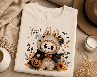 不気味なウサギのハロウィンPNG：カボチャのバケツの水彩昇華デザイン