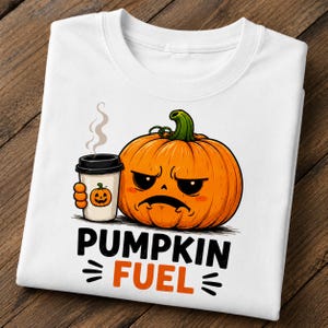 Pumpkin Fuel PNG | Grumpy Pumpkin with Coffee Cup Design | Funny Fall Pumpkin Coffee Lover Digital Download T-Shirt Clipart