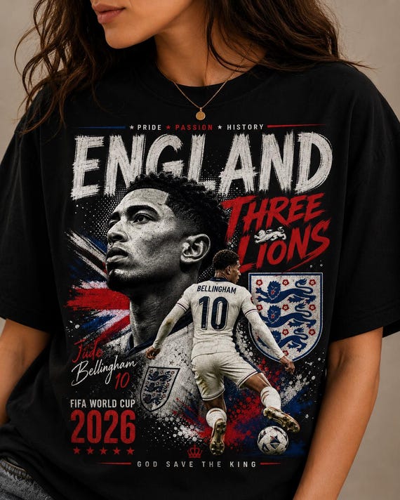 England Football Shirt 2026 | Three Lions Graphic Tee | Jude Bellingham Shirt | FIFA World Cup 2026 England Fan Tee | Soccer Unisex Gift