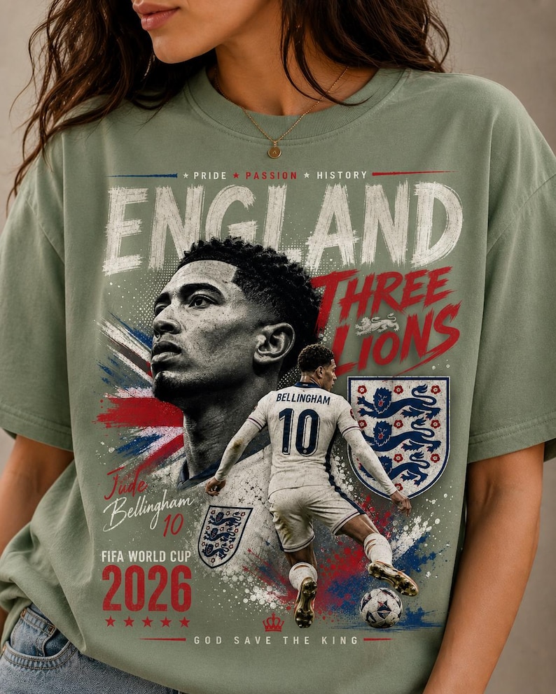 Camiseta de fútbol de Inglaterra 2026 / Camiseta gráfica de los Tres Leones / Camiseta de Jude Bellingham / Camiseta de aficionado de Inglaterra para la Copa Mundial de la FIFA 2026 / Regalo unisex de fútbol imagen 3