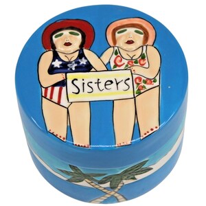 Funseekers Sisters Trinket Box Blue Green Palm Trees Pink Red Flowers Inside