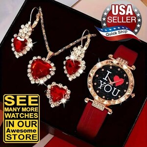 5pc ‘I Luv You’ Watch Jewelry Set •Heart-Shaped Faux Ruby Earrings Necklace Ring