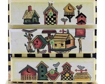 Mini cajonera de madera de 4 cajones de estilo folclórico vintage •Hecha y pintada a mano •Casas para pájaros con girasoles