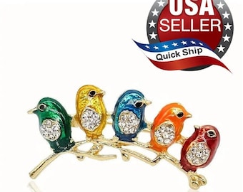 Adorable Birds Brooch Pin Rhinestone Green Yellow Blue Orange Red Enamel