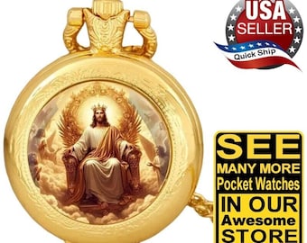 Quartz Pocket Watch with Jesus Christ Seated on His Throne with Angels •Goldtone