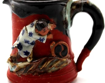 Jarra de cerámica antigua japonesa Sumida Gawa con esmalte de goteo y marca Yin Yang.