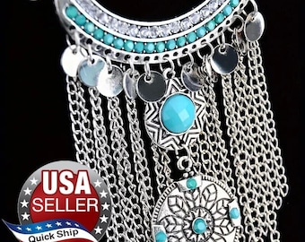 Collana vintage in stile nativo americano • Turchese sintetico • Strass • Nappe lunghe