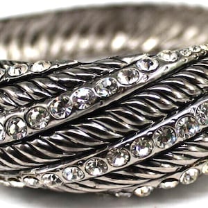 Stunning Rhinestone Silvertone Cuff Bracelet Waves Magnetic Hinge 1" Wide