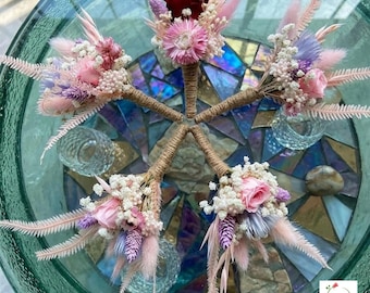 Ramo de 6 miniflores secas, estilo bohemio, con cola de conejo de las pampas, ideal para centros de mesa de boda y decoración del hogar.