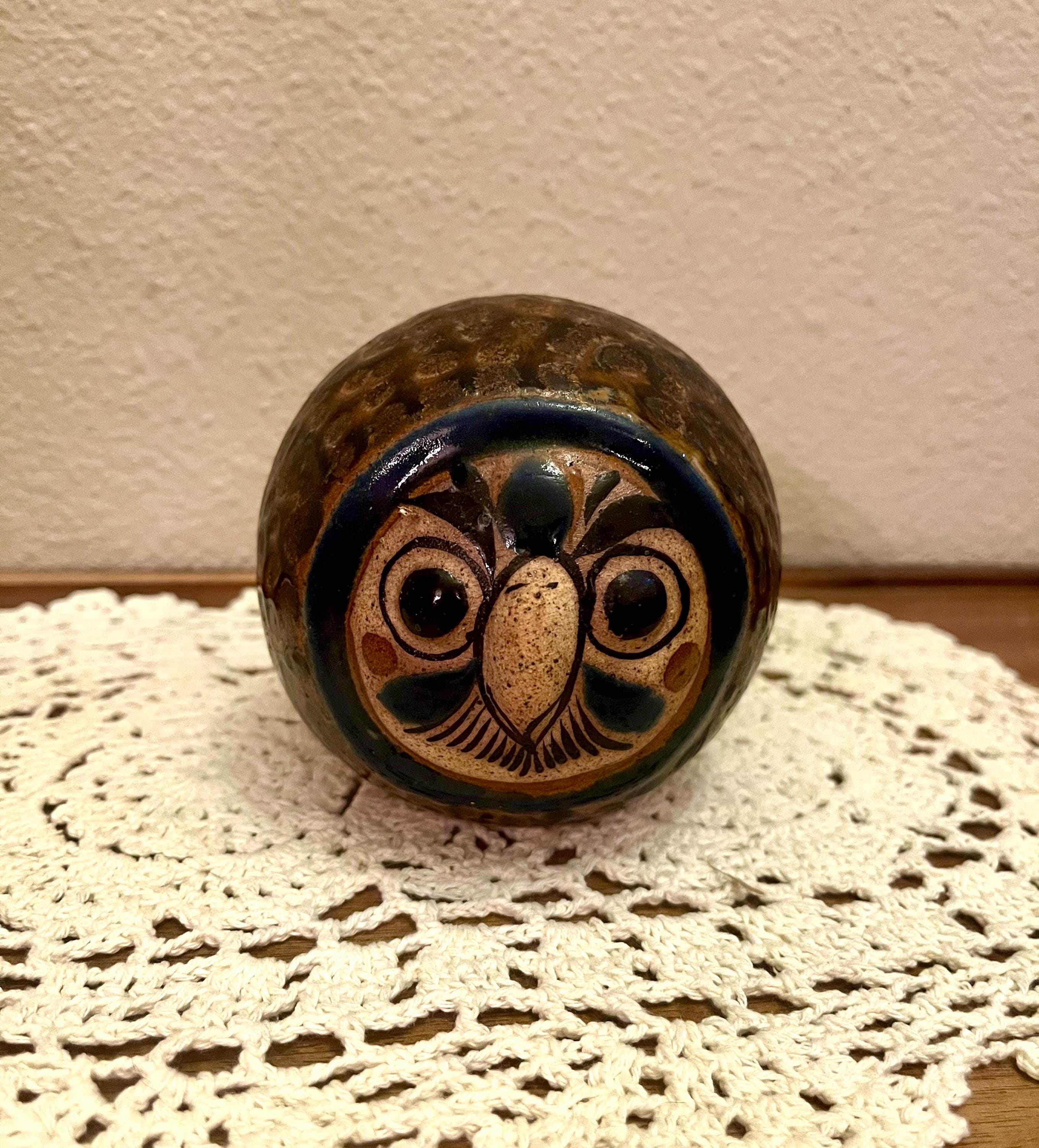 Vintage Tonalá Folk Art Owl Figurine, Hand-Painted Mexican Stoneware, Mid-Century Boho Decor