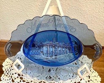 Vintage Avon Cobalt Blue Glass Mount Vernon Platter | George and Martha Washington Commemorative Collector Plate | Embossed Pressed Glass