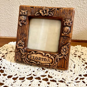 Vintage Treasure Craft Owl Frame, Faux Wood Ceramic Woodland Decor, Florida Souvenir