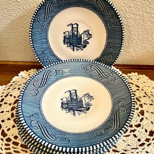 Vintage Royal China Currier Ives Steamboat Saucers (Set of 5) – Blue Transferware Ironstone Plates