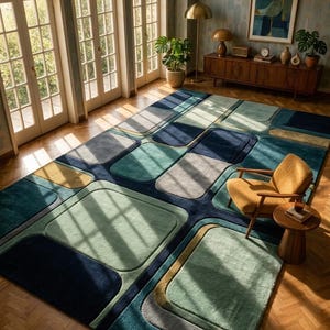 Geometric Mid-Century Modern Area Rug – Abstract Blue Green Carpet for living room rug