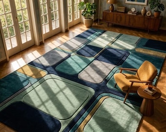 Geometrischer Mid-Century Modern Teppich - Abstrakter Blau Grüner Teppich für Wohnzimmer
