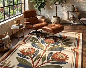Handgetuft wollen vloerkleed met botanische print | Hoogpolig vloerkleed met bloemenmotief en geometrische rand | Boho woonkamerdecoratie | Op maat gemaakt 5x8 8x10
