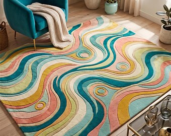 Kleurrijk retro vloerkleed met wervelpatroon, hoogpolig handgetuft abstract golvend vloerkleed, groovy jaren 70 mid-century modern pastelkleurig tapijt voor de woonkamer.